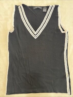 Margaret Frances Black Knit V-Neck Tank with White Trim